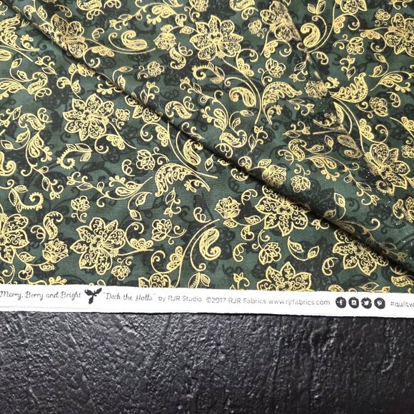 RJR “Deck the Halls” 2017 Fabric – Gold & Black Floral on Green 2 Yards Christms - Picture 2 of 2